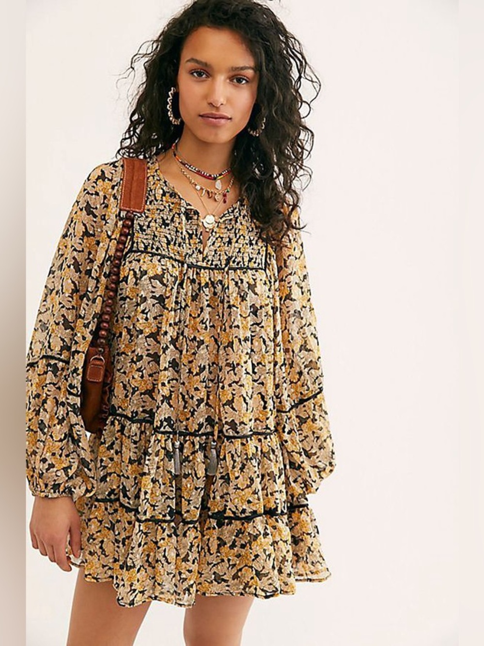 Free People Black Floral Print Free Swinging Mini Dress Large Bohemian Cottage